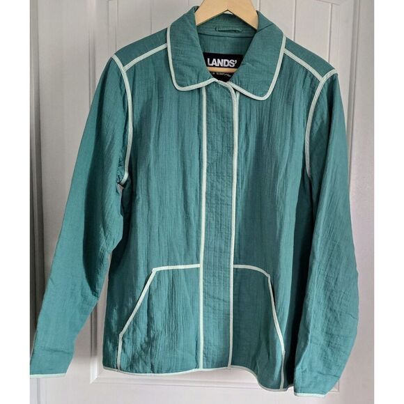 Lands End Women's Size Large Gauze Textured Cotton Jacket Teal Shadow Spring - Picture 2 of 7